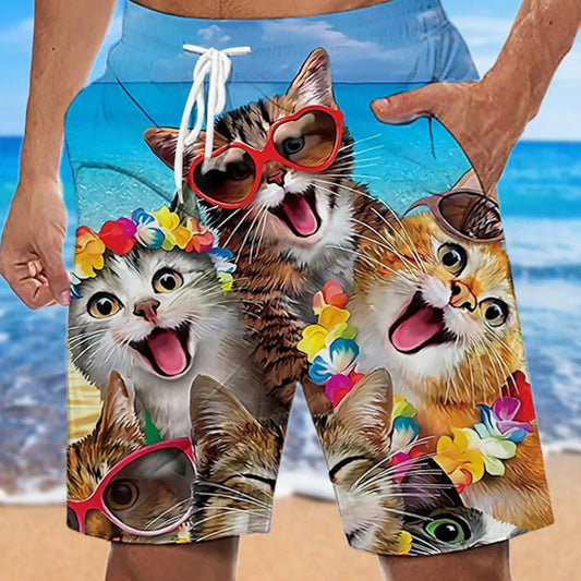 A pair of beach shorts with a printed design featuring multiple cats with colorful flowers and sunglasses.