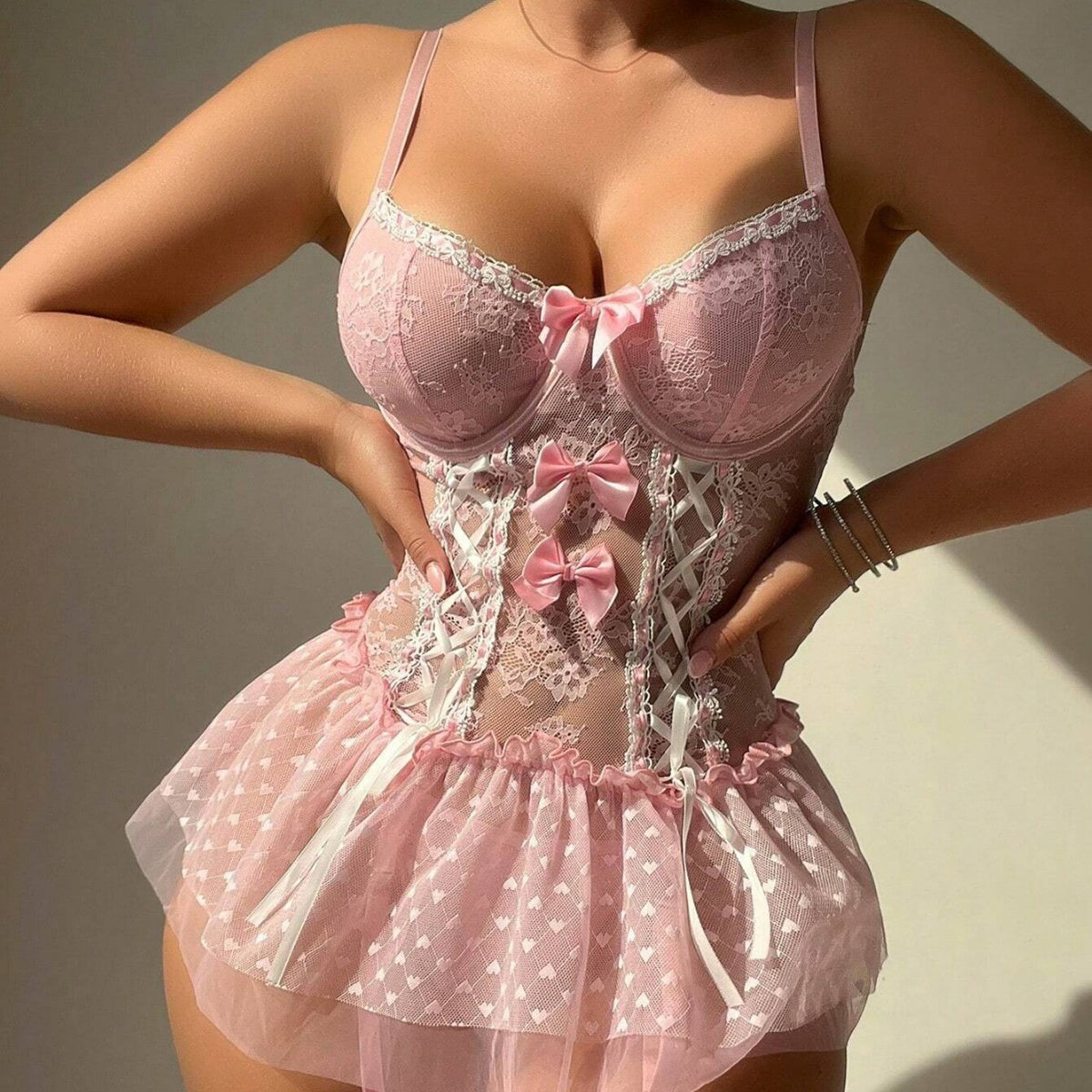 Underwire Push-Up Sheer Mesh Bow Lingerie 3-Piece Set