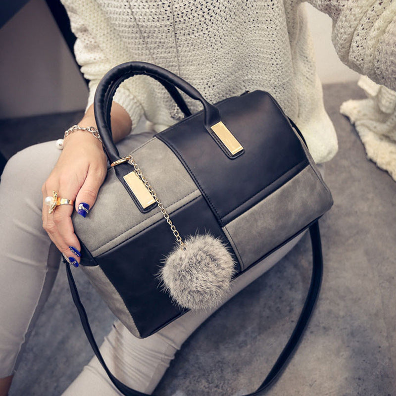 Women's PU Leather Boston Bag – Contrast Stitch Pillow Handbag Shoulder Purse