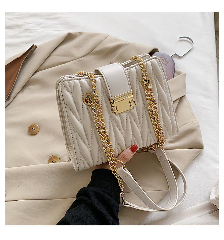 Women's Pleated Chain Crossbody Bag – Mini Vegan-Friendly Imitation Leather Shoulder Purse with Gold Hardware