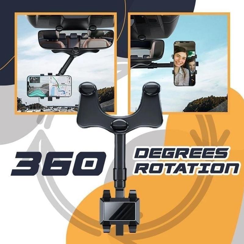 A rearview mirror phone holder with 360-degree rotation capability. The image shows the holder attached to a car rearview mirror and in a telescoped position away from the mirror.