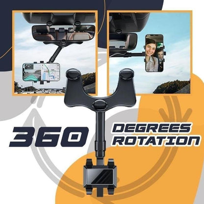 A rearview mirror phone holder with 360-degree rotation capability. The image shows the holder attached to a car rearview mirror and in a telescoped position away from the mirror.