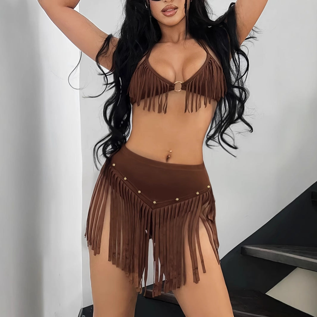 Women's 2-Piece Tassel Halter Top Set – Backless, S–XL