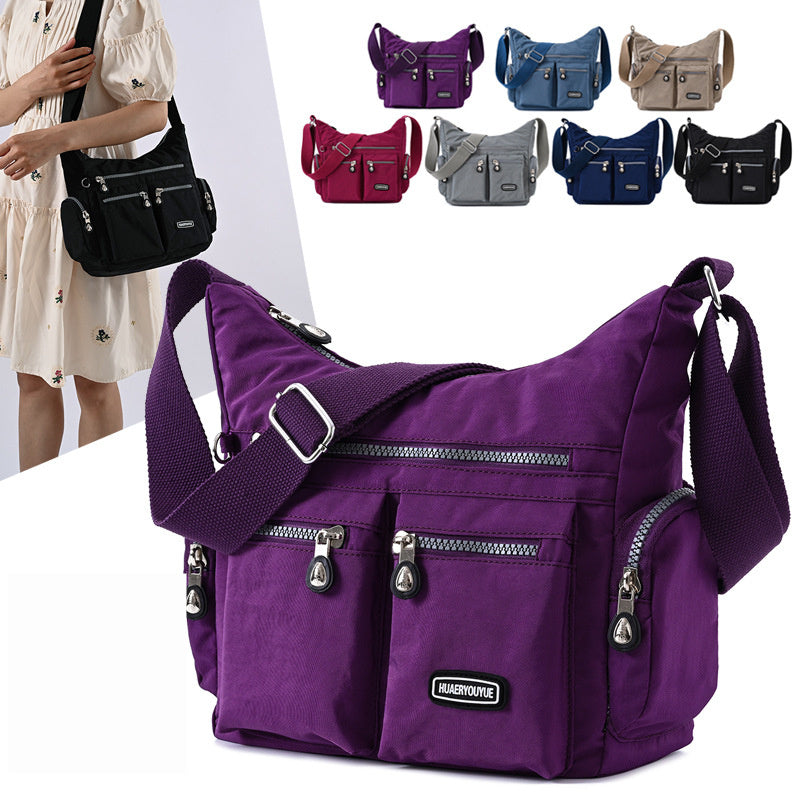 A collage of Women Shoulder Bags in various colors including black, blue, purple, gray, and silver, featuring multiple pockets and a waterproof material.
