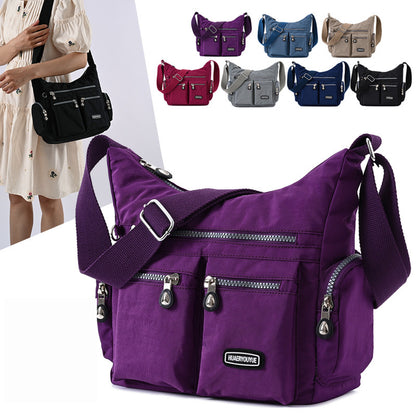 A collage of Women Shoulder Bags in various colors including black, blue, purple, gray, and silver, featuring multiple pockets and a waterproof material.
