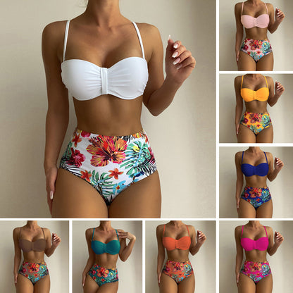 A collage of women's floral print spaghetti strap bikini bathing suits in various colors including white, pink, black, orange, blue, green, and red.