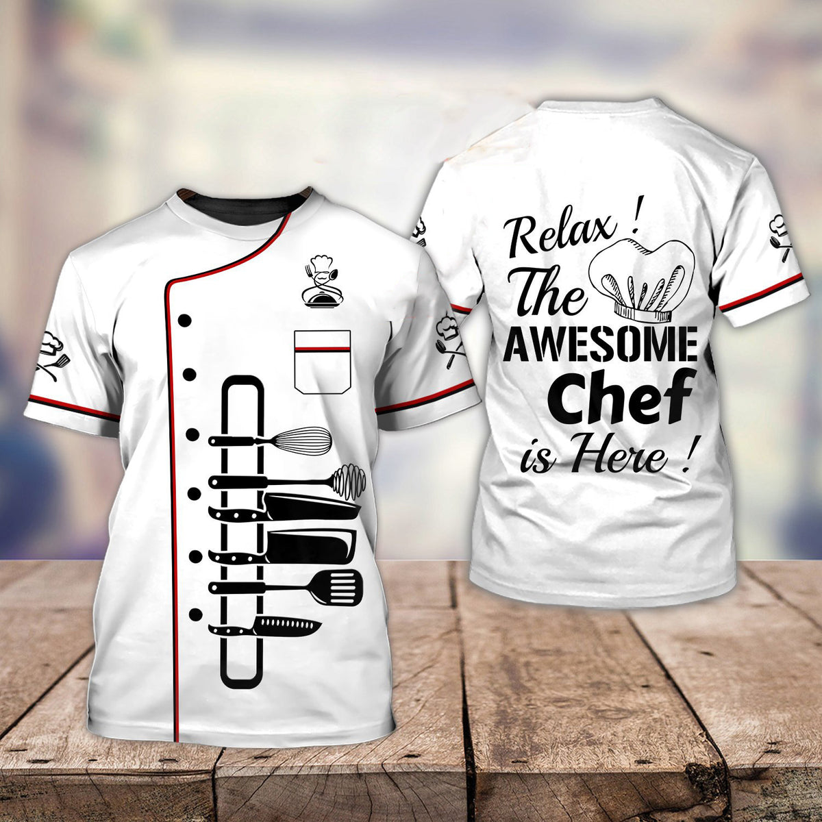 A men's white t-shirt with black and red chef-related graphics and text on the back, reading 'Relax! The AWESOME Chef is HERE!'.