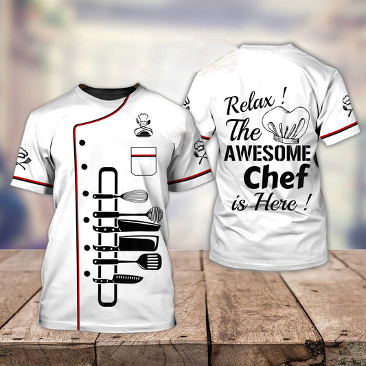A men's white t-shirt with black and red chef-related graphics and text on the back, reading 'Relax! The AWESOME Chef is HERE!'.