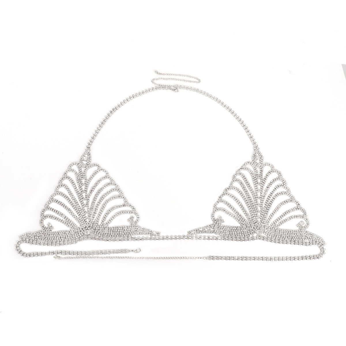 Silver bikini top with a unique design on a white background