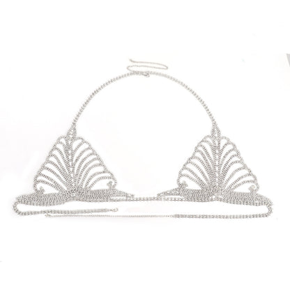 Silver bikini top with a unique design on a white background