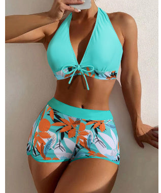 Women's High-Waist Solid Color Bikini Set | Tie-Front Split Swimsuit