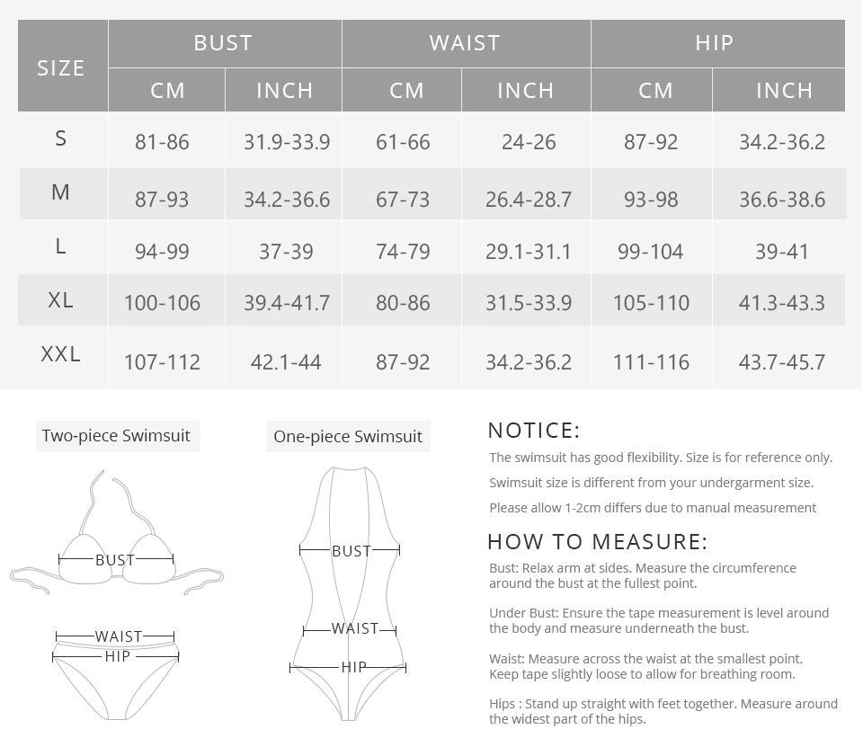 Swimsuit size chart with measurements and illustrations.