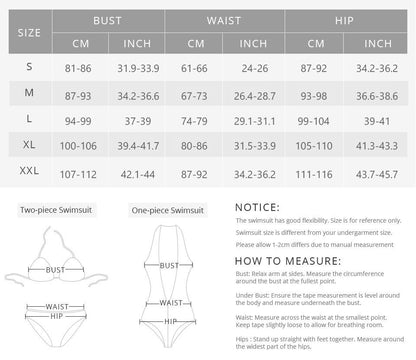 Swimsuit size chart with measurements and illustrations.