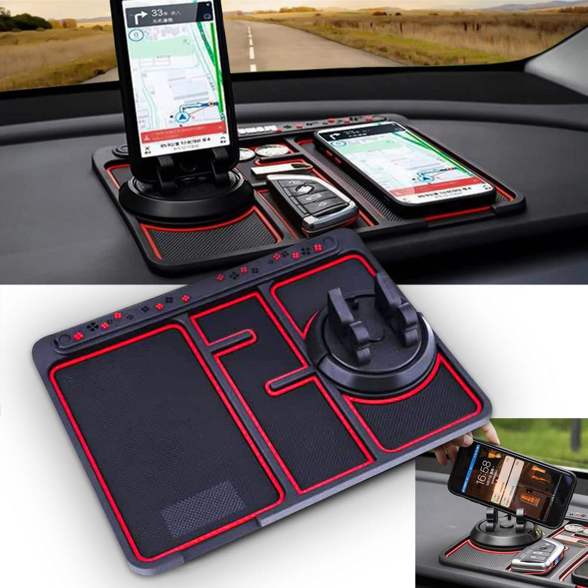 A multifunctional non-slip car phone pad with sections for a phone holder, number plate, and aromatherapy, placed on a car dashboard.
