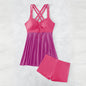 A collage of three women's swimsuits in different colors (blue, black, and pink) with a solid color top and a geometric patterned skirt.