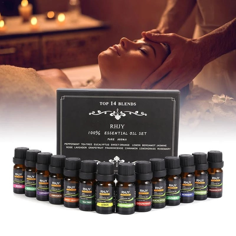 A set of essential oil bottles displayed in front of a box labeled 'Top 14 Blends Aromatherapy Essential Oil Set', with a person receiving a massage in the background. 