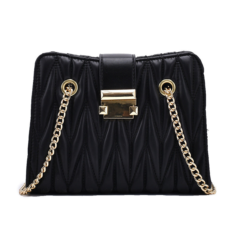 Women's Pleated Chain Crossbody Bag – Mini Vegan-Friendly Imitation Leather Shoulder Purse with Gold Hardware