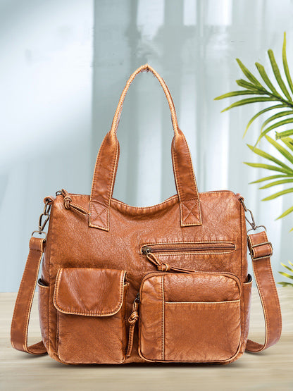 Women's Retro Washed Tote Bag – Soft Vegan-Friendly Imitation Leather Multi-Pocket Shoulder Handbag