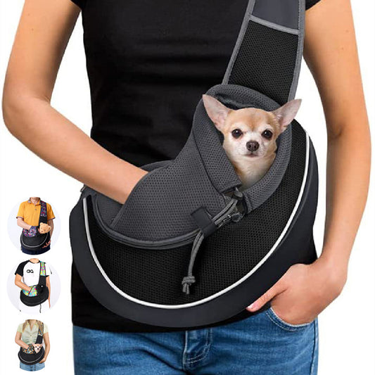 A black portable crossbody pet carrier bag with a drawstring closure, shown in use with a small dog inside, and additional images showing the bag in different uses and angles.