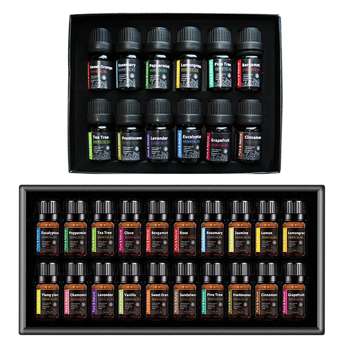 Collection of essential oil bottles in black boxes.