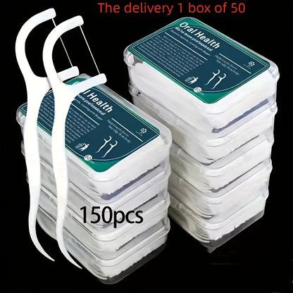 A box of 150 dental floss picks labeled 'Oral Health' with a green and white color scheme.