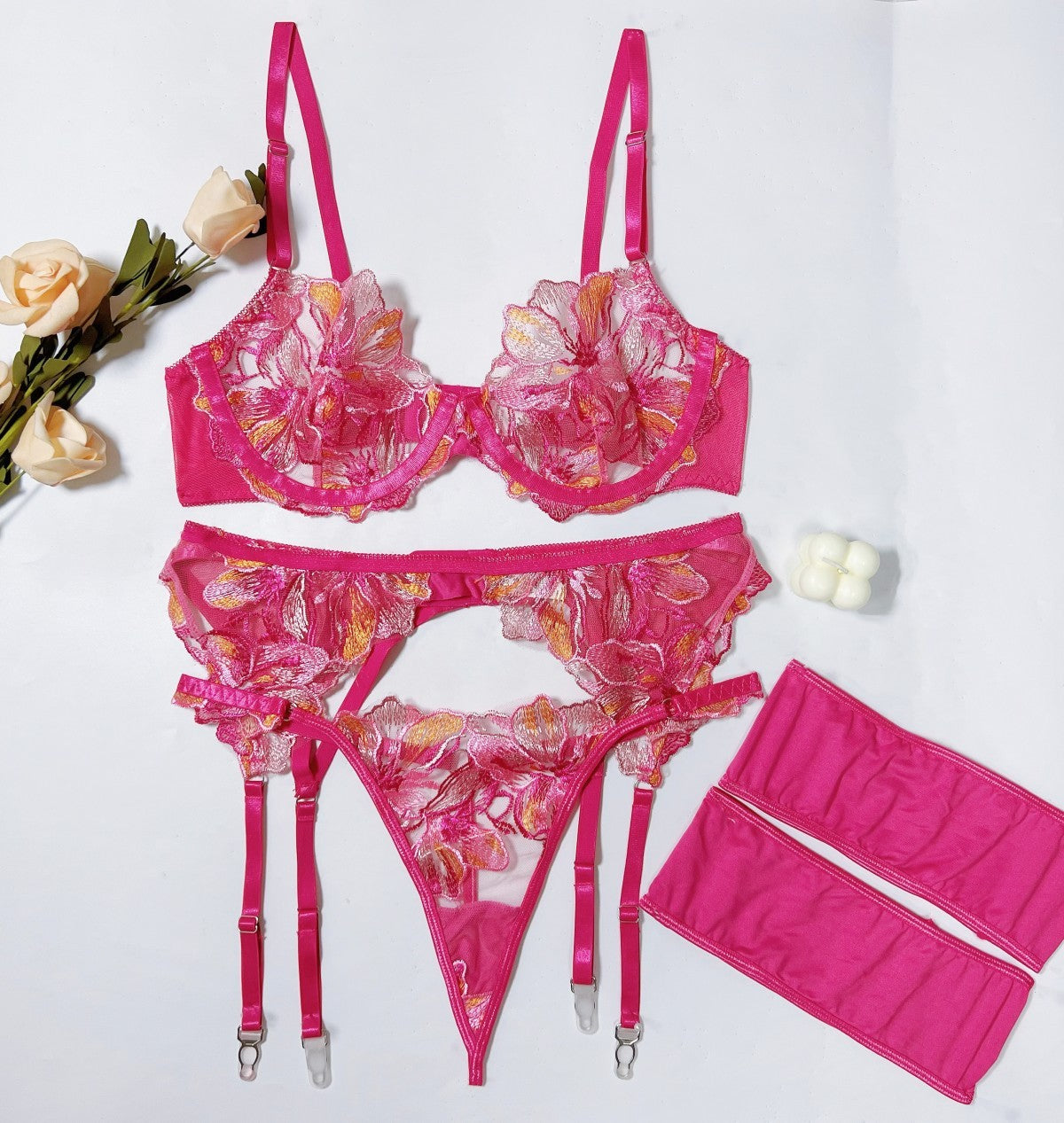 Retro Floral Embroidered Lingerie Set – Rose Red