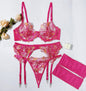 Retro Floral Embroidered Lingerie Set – Rose Red