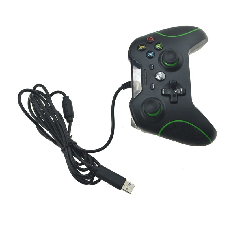 Black gaming controller with green accents and USB cable on white background