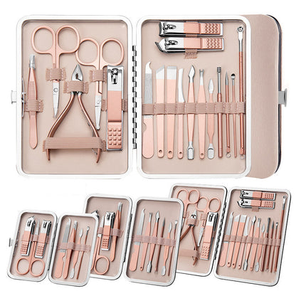Various configurations of nail clipper sets within leather cases, showcasing different tools like scissors, nail clippers, and tweezers.