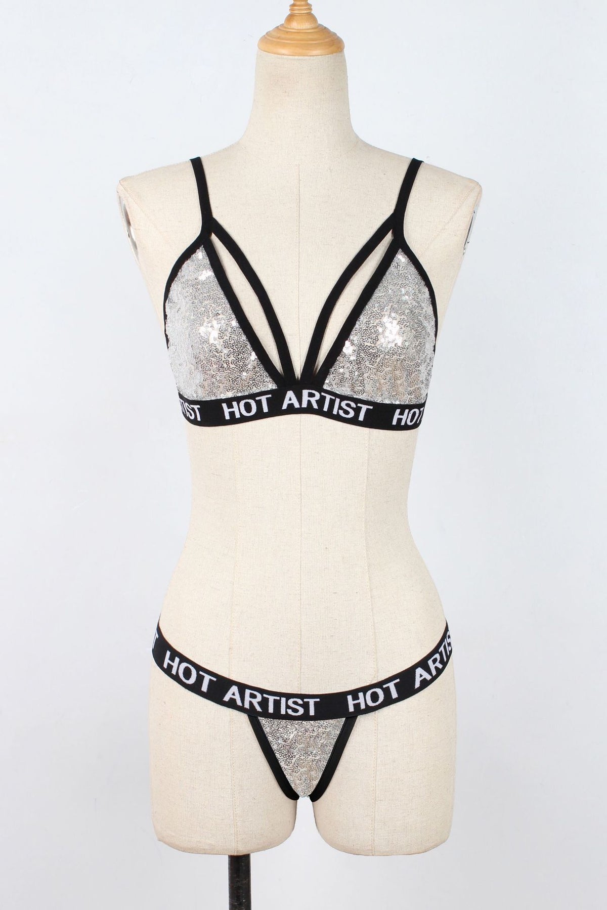 Women's Faux Fur Sequin Lingerie Set | Bra & Panty | Black & Silver