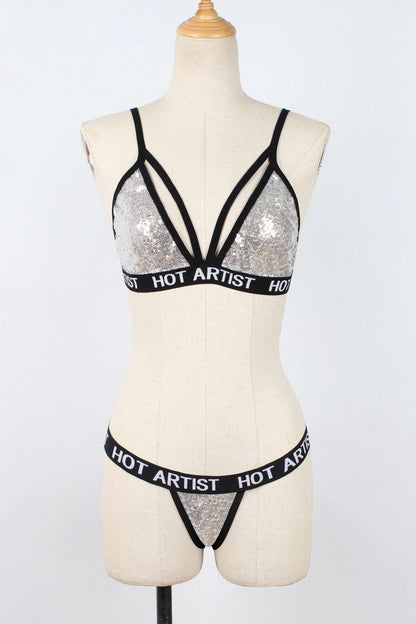 Women's Faux Fur Sequin Lingerie Set | Bra & Panty | Black & Silver