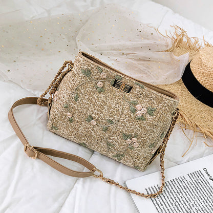 Women's Bohemian Embroidered Shoulder Bag – Lace & Straw Woven Square Purse