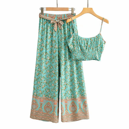 Boho Vintage Print Vest & Wide-Leg Pants Set – Green