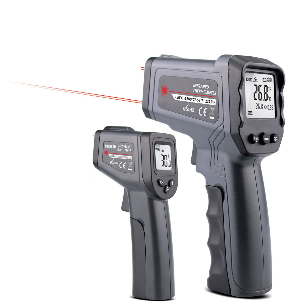 Two handheld infrared thermometers with LCD displays, one larger and one smaller, both with measurement indicators and buttons on the front.
