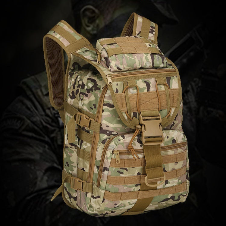 A camouflage patterned outdoor backpack designed for hiking with adjustable straps and multiple compartments.