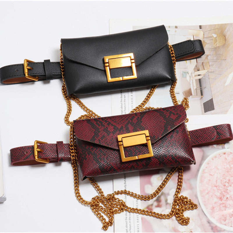 Women's Snake Print Chain Crossbody Bag – PU Leather Belt Bag Purse