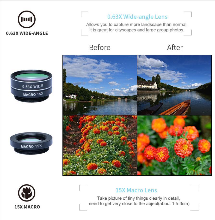 Camera lenses with before and after examples of landscape and macro photography.