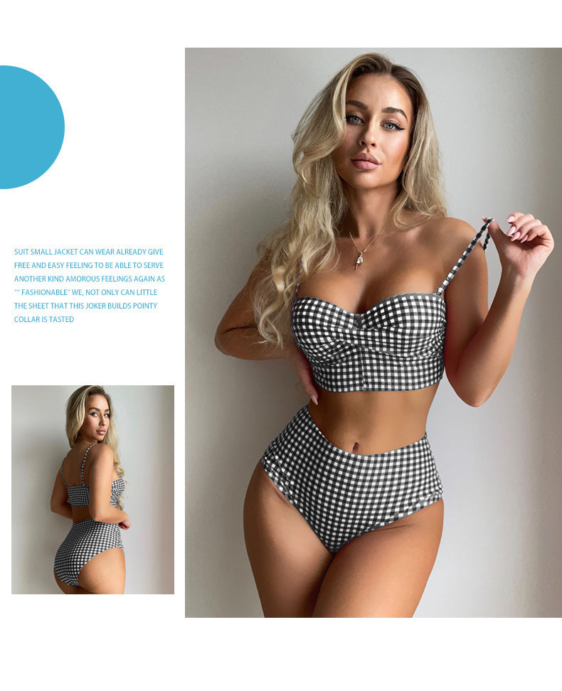 Women's Plaid High-Waist Bikini Set – Two-Piece Swimsuit with Underwire Top & Swim Briefs