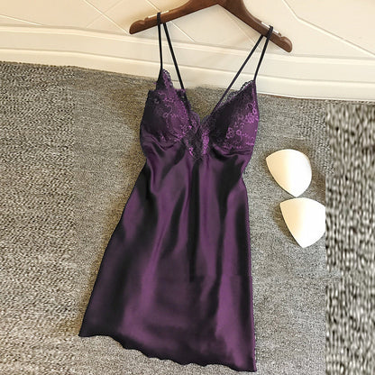 Satin Sling Slip Dress Pajamas with Built-In Chest Pad | Sexy Lingerie Nightgown