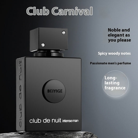 A black bottle of 'Club de nuit intense men' perfume with text describing the fragrance as spicy woody and long-lasting.