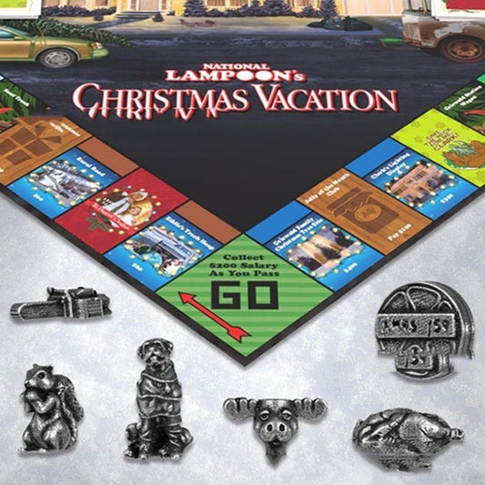 A Christmas-themed monopoly board game set with game pieces including a car, house, and other items, as well as a close-up view of the game's board with properties and Chance card spaces visible.