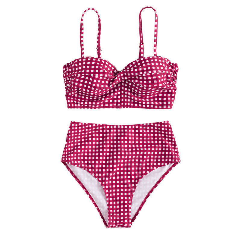 Women's Plaid High-Waist Bikini Set – Two-Piece Swimsuit with Underwire Top & Swim Briefs