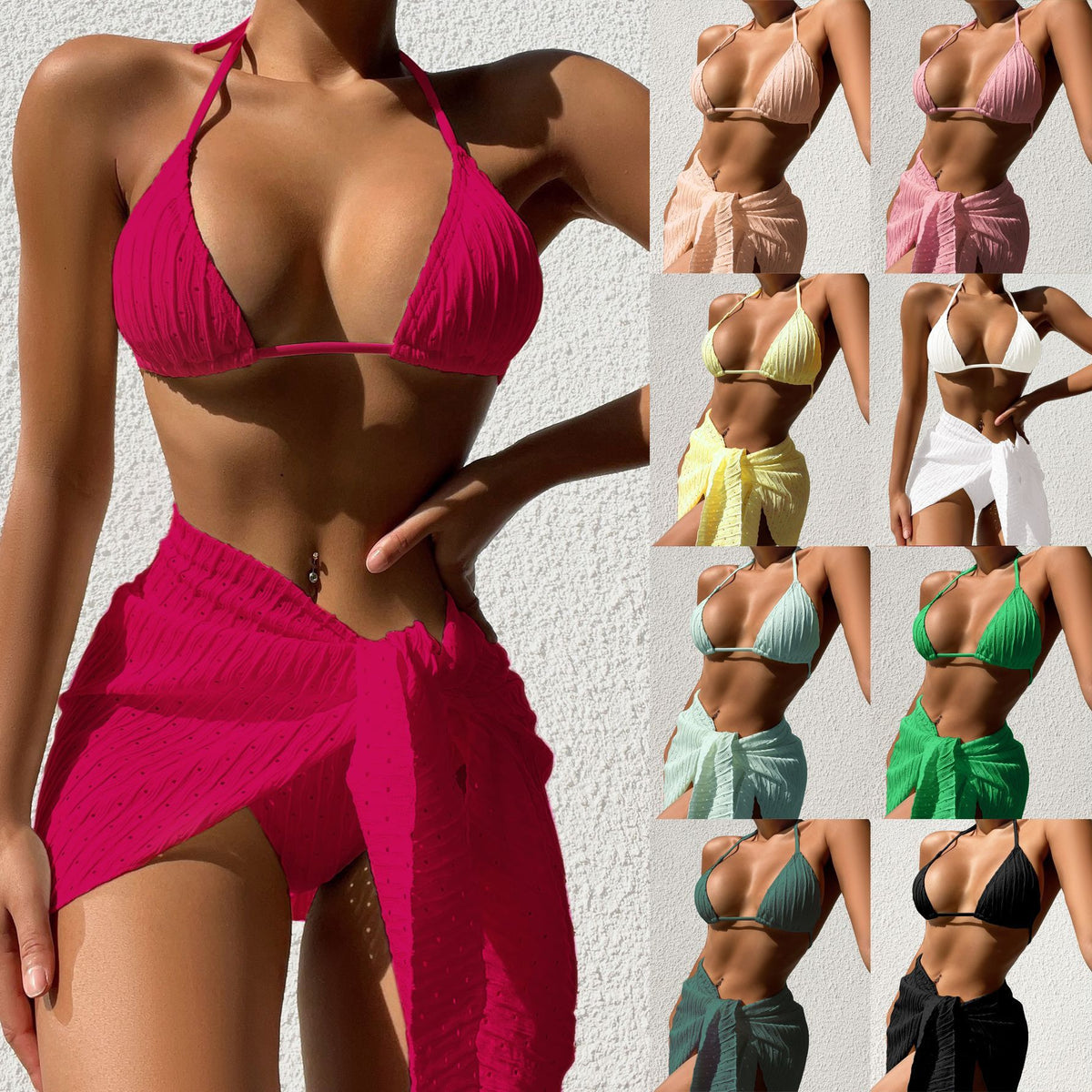 3-Piece Halterneck Bikini Set with Mesh Skirt — 9 Colors, S–XL