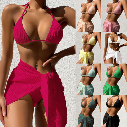 3-Piece Halterneck Bikini Set with Mesh Skirt — 9 Colors, S–XL
