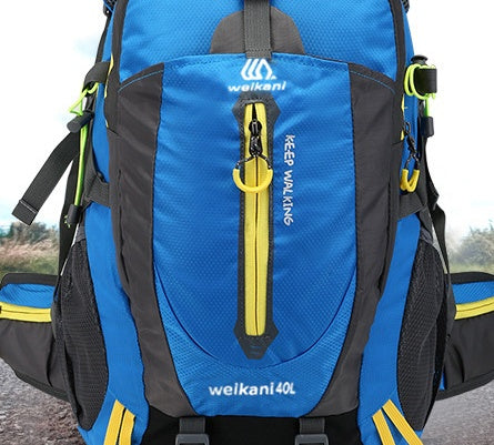 A blue and black backpack with yellow accents, featuring a front zipper pocket and side mesh pockets, marked with 'weikani 40L'.