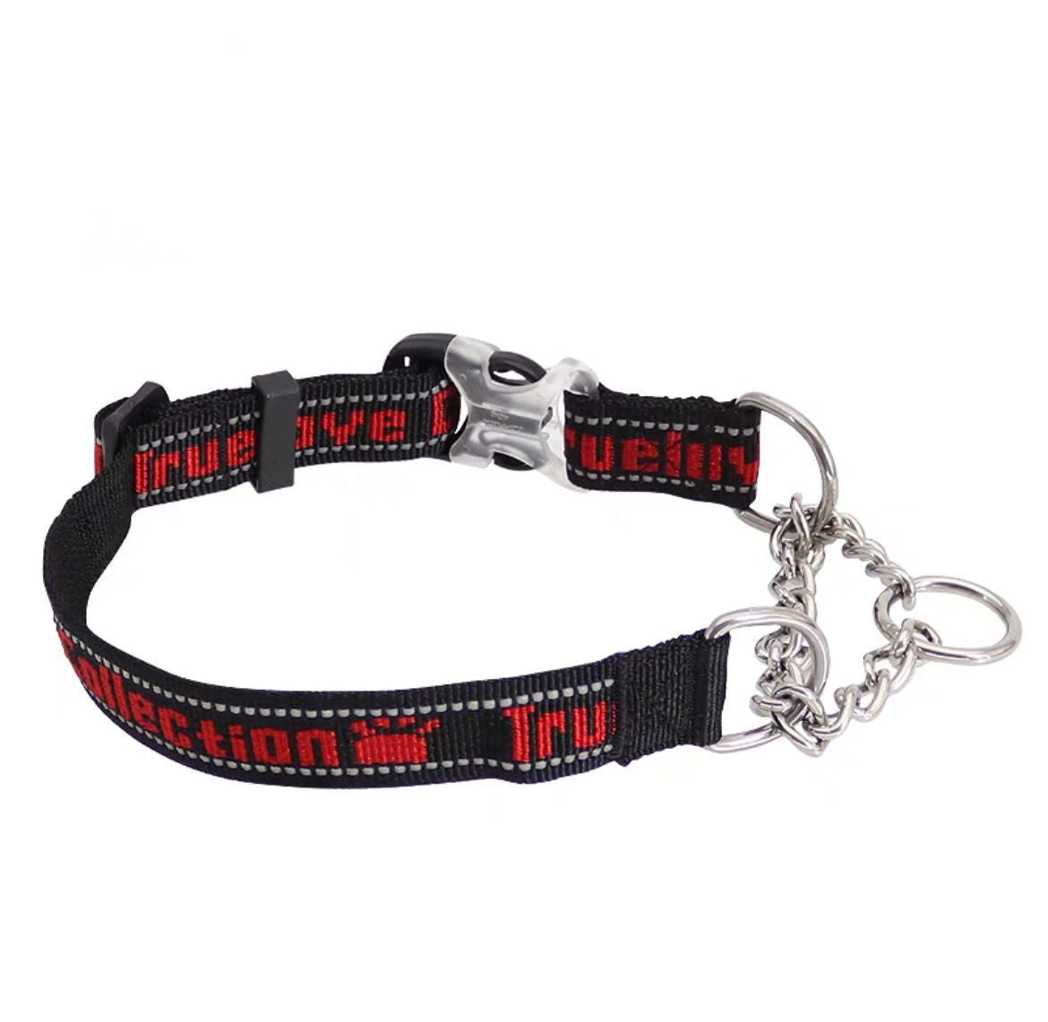 Black and red dog collar with metal clasp on white background