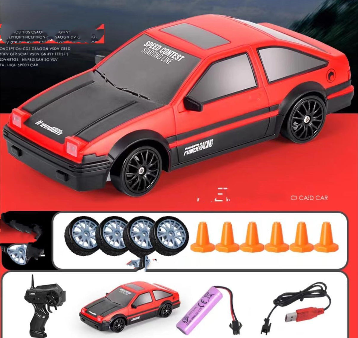 1:24 Scale RC Drift Car – 4WD Remote Control Racing Car with LED Lights & Traffic Cones