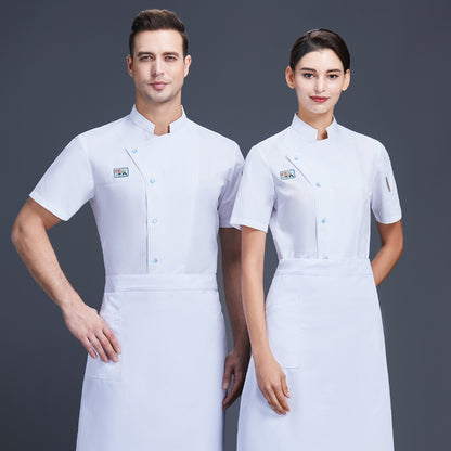 A male and a female chef wearing white chef coats with short sleeves, standing against a grey background.