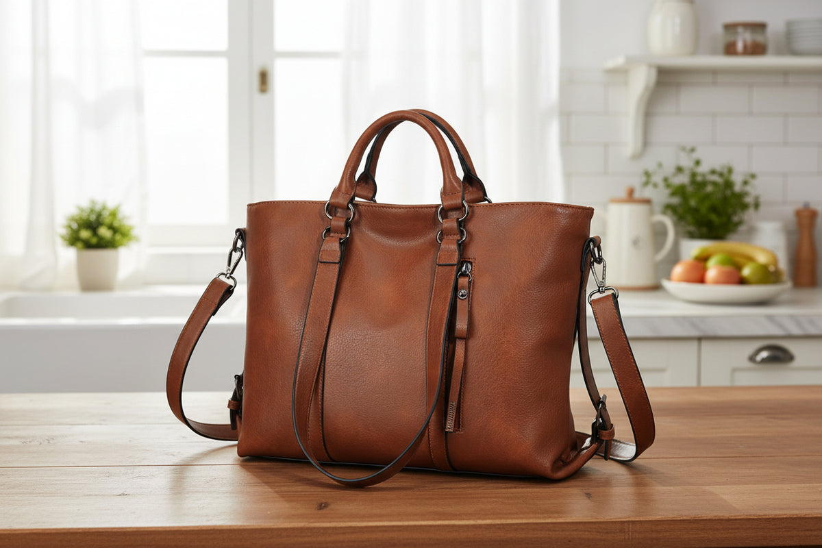 A brown soft leather large capacity tote shoulder purse with a shoulder strap and sewing details.