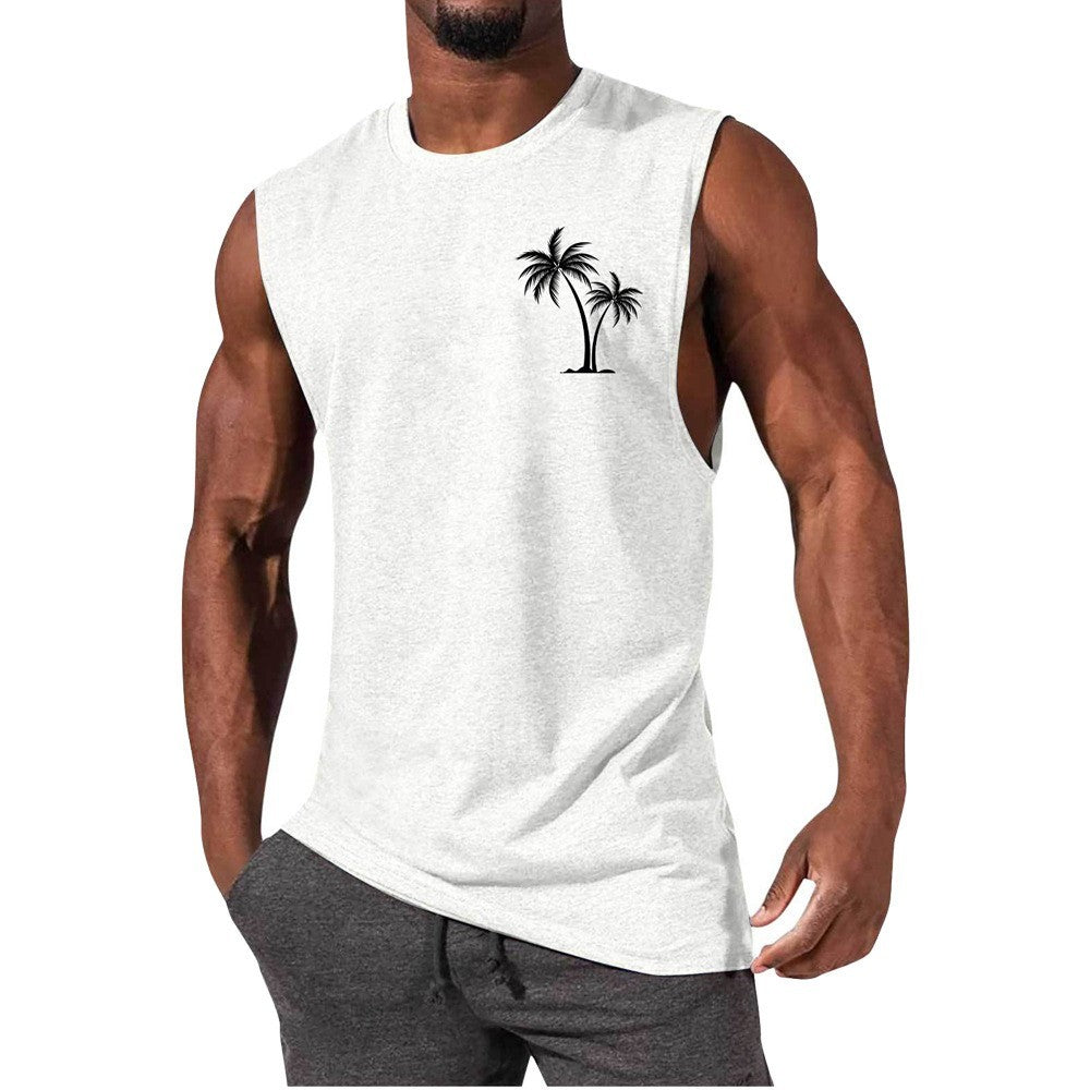 Men's Coconut Tree Embroidery Beach Tank Top – Summer Muscle Workout Shirt